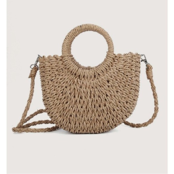 Minimalist natural straw woven half moon crossbody bag tan - Picture 2 of 3